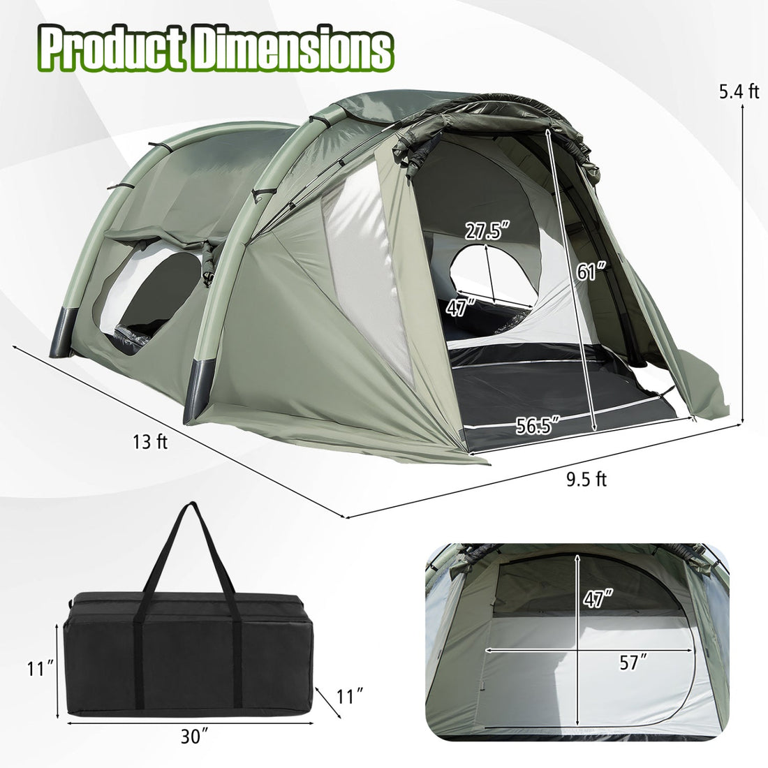 5–7 Person Inflatable Camping Tent with Screened Porch – Green