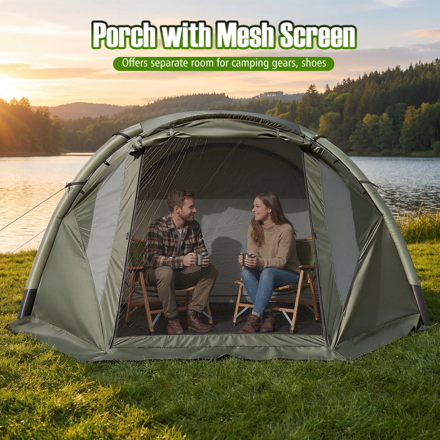 5–7 Person Inflatable Camping Tent with Screened Porch – Green