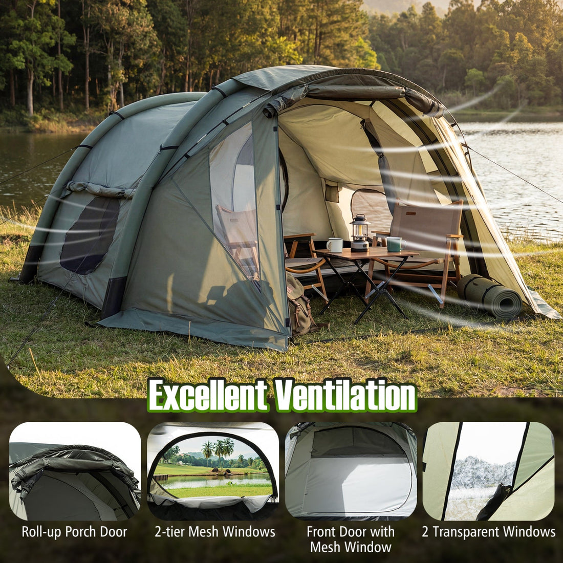 5–7 Person Inflatable Camping Tent with Screened Porch – Green