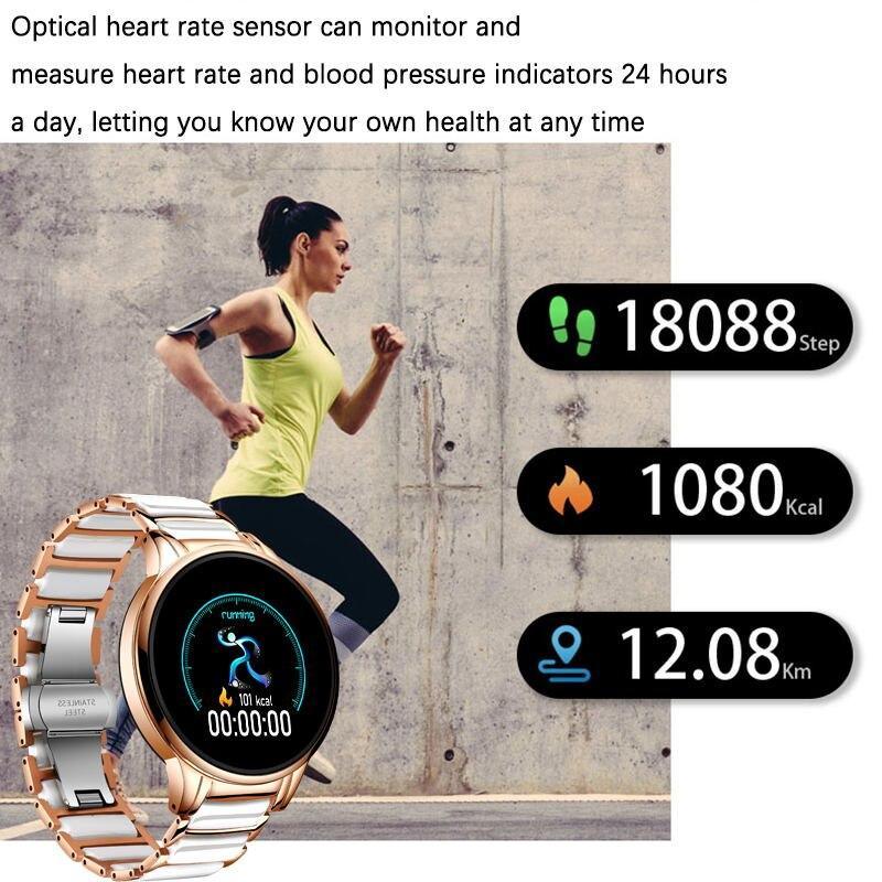 Ceramic Smart Fitness Watch for Women – Heart Rate & Blood Pressure Monitor