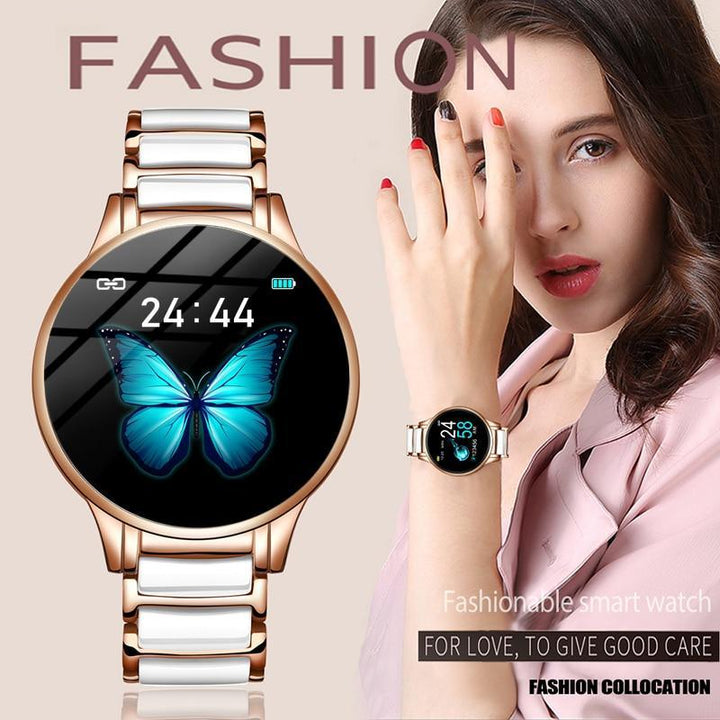 Ceramic Smart Fitness Watch for Women – Heart Rate & Blood Pressure Monitor