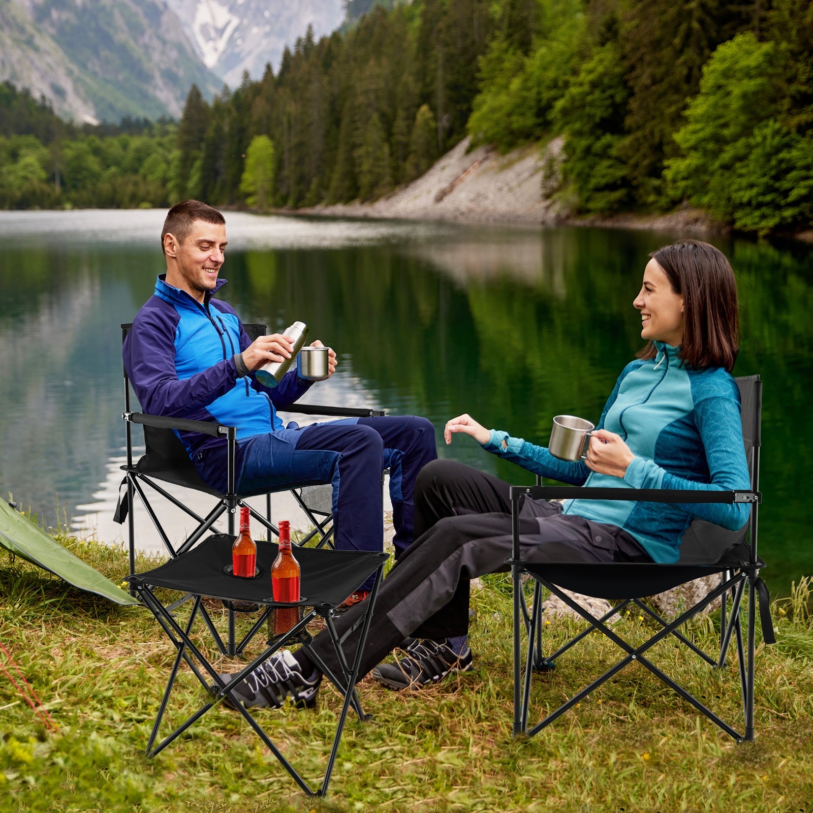 Camping Chair & Table Set – Folding Outdoor Set with Carry Bag (Black)