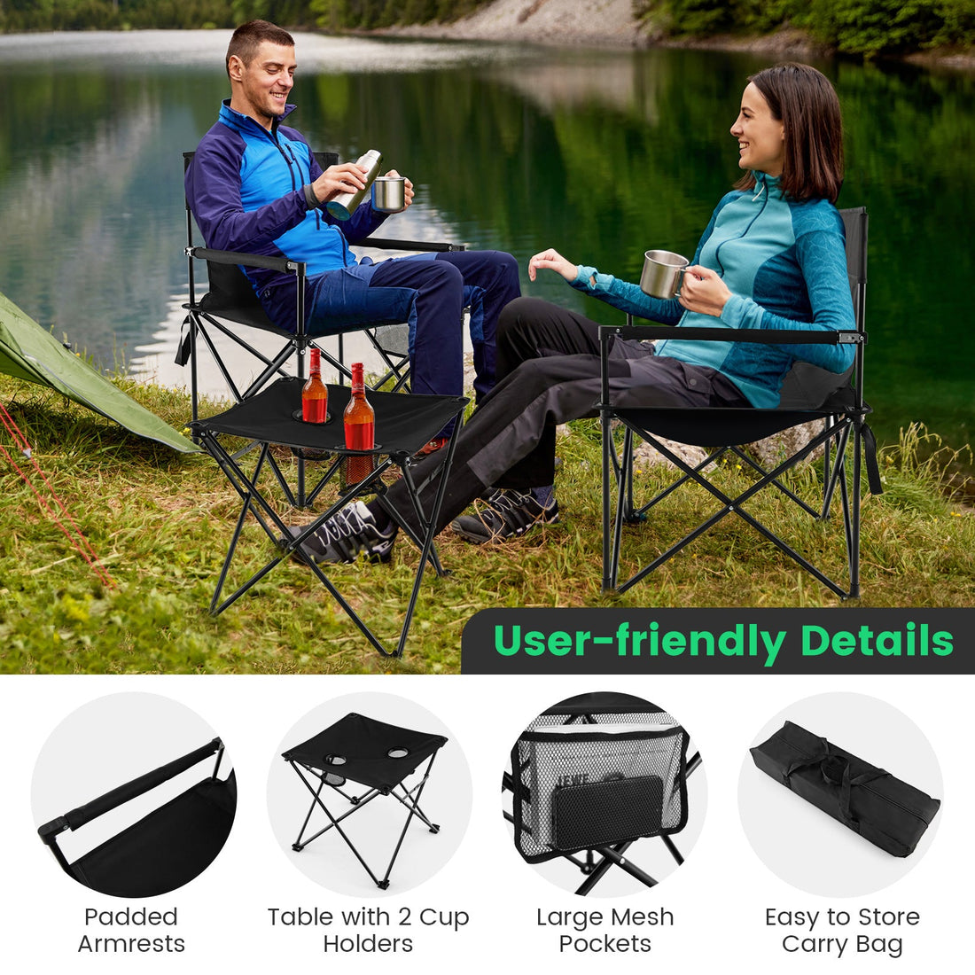 Camping Chair & Table Set – Folding Outdoor Set with Carry Bag (Black)