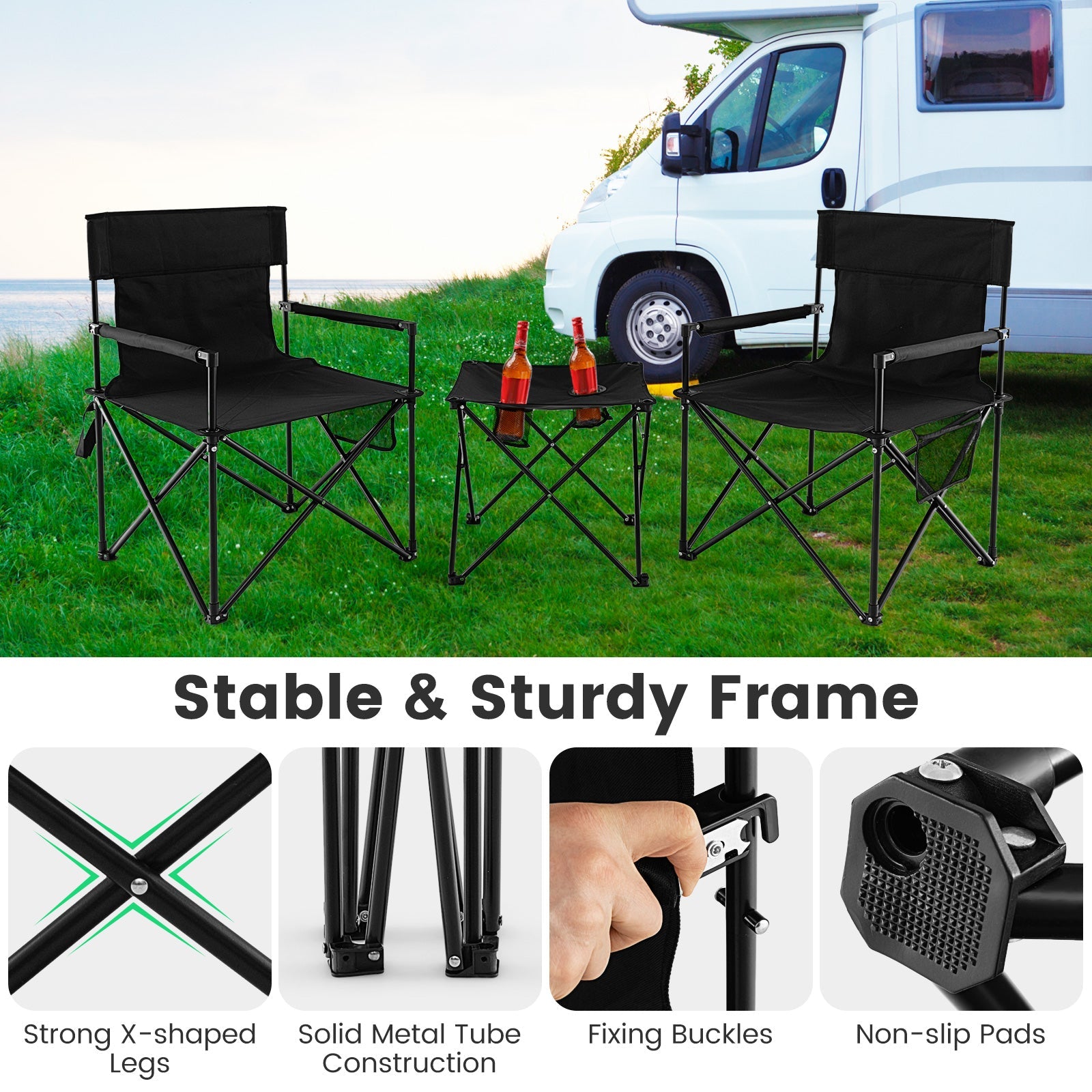 Camping Chair & Table Set – Folding Outdoor Set with Carry Bag (Black)