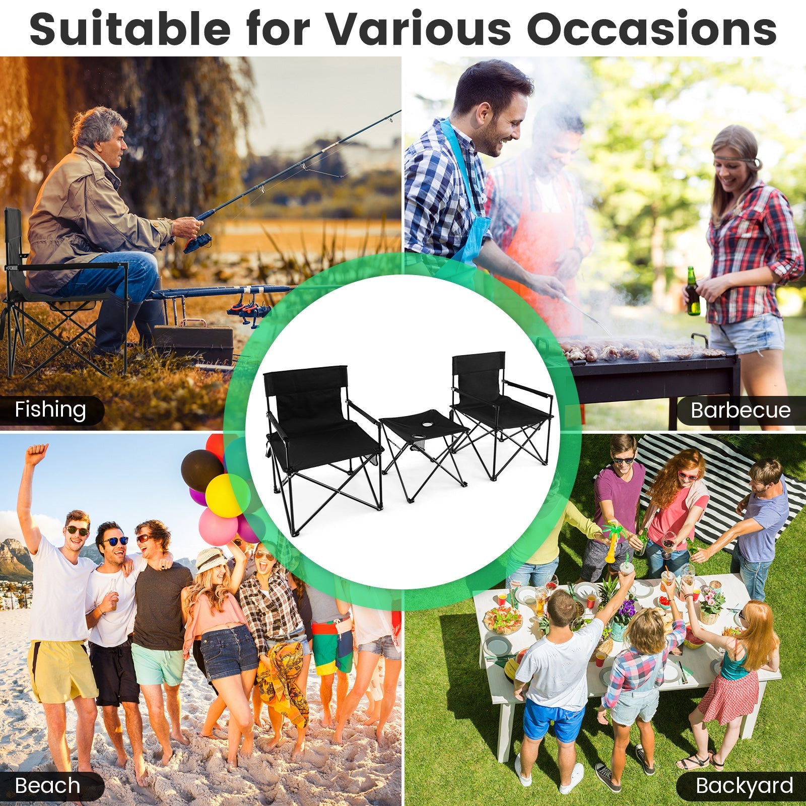 Camping Chair & Table Set – Folding Outdoor Set with Carry Bag (Black)