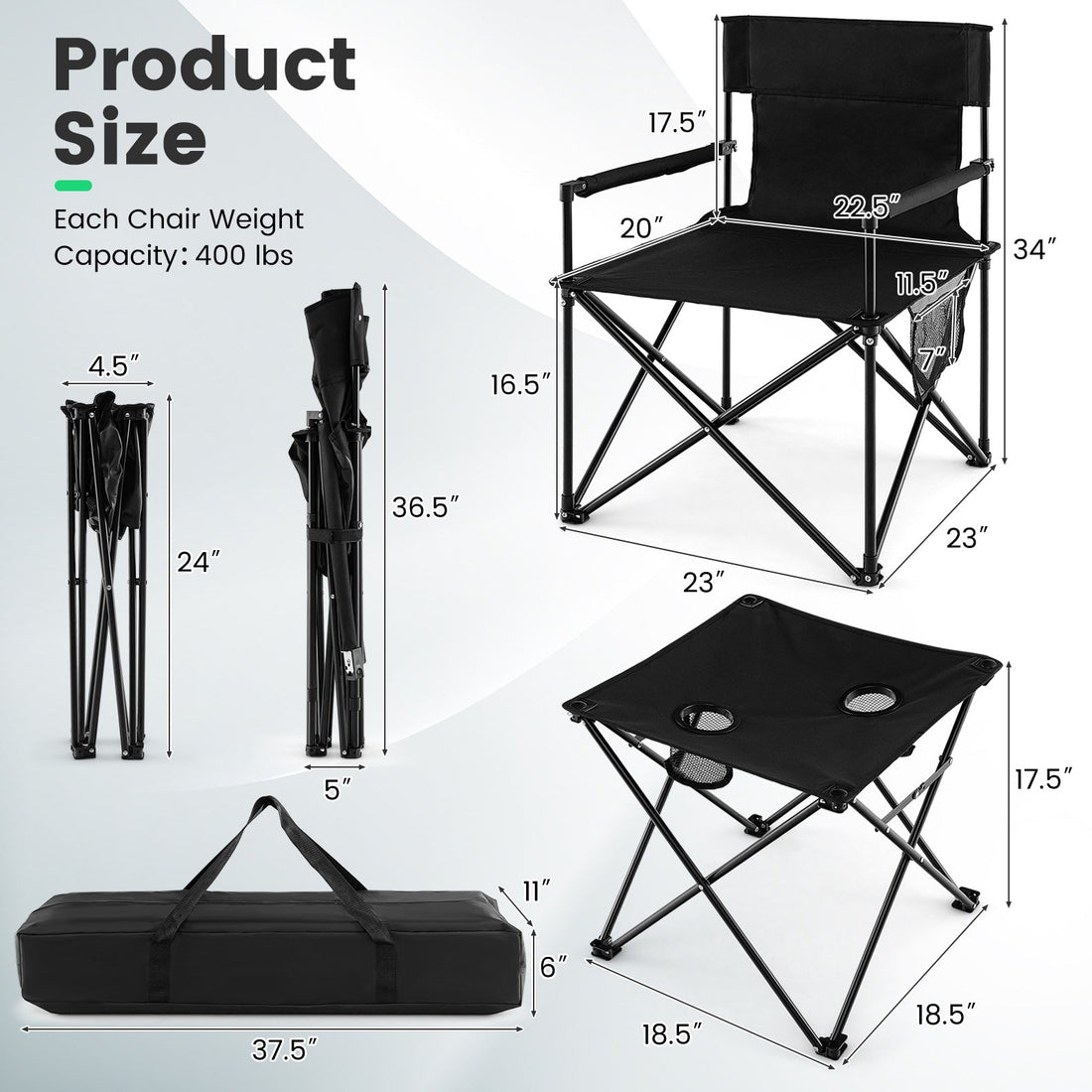 Camping Chair & Table Set – Folding Outdoor Set with Carry Bag (Black)