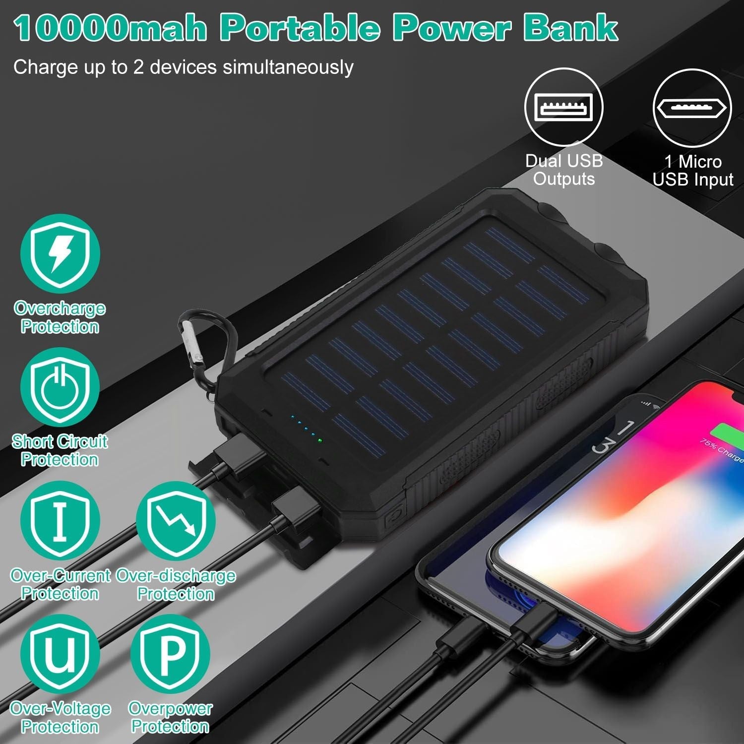 10000mAh Solar Power Bank – Dual USB Outdoor Charger with LED & Compass
