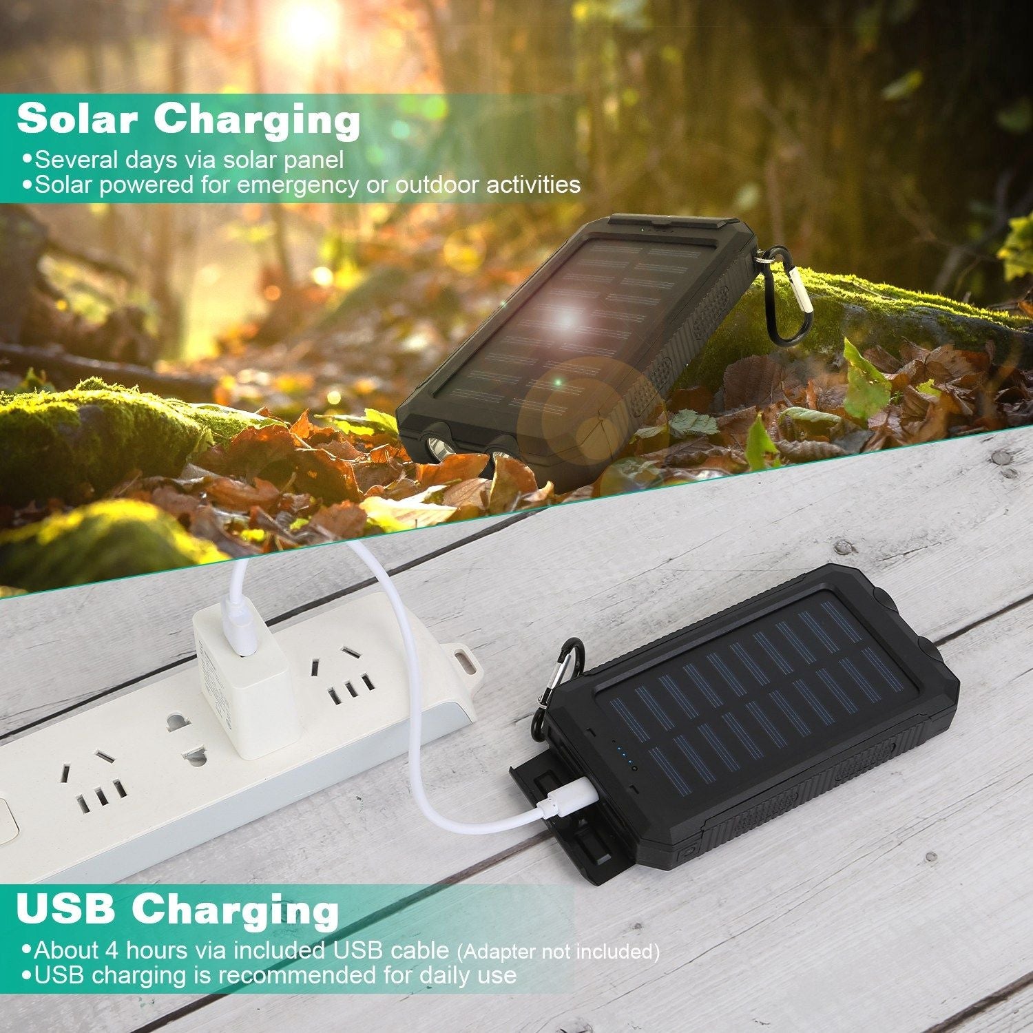 10000mAh Solar Power Bank – Dual USB Outdoor Charger with LED & Compass