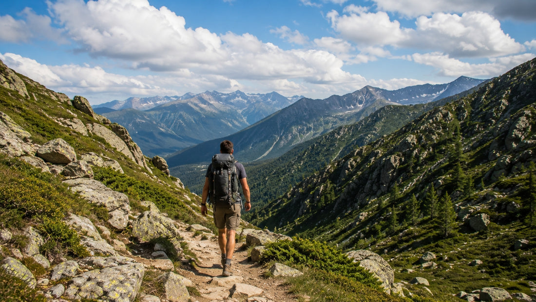 Hiker on a mountain trail with a scenic view of mountains and clouds.