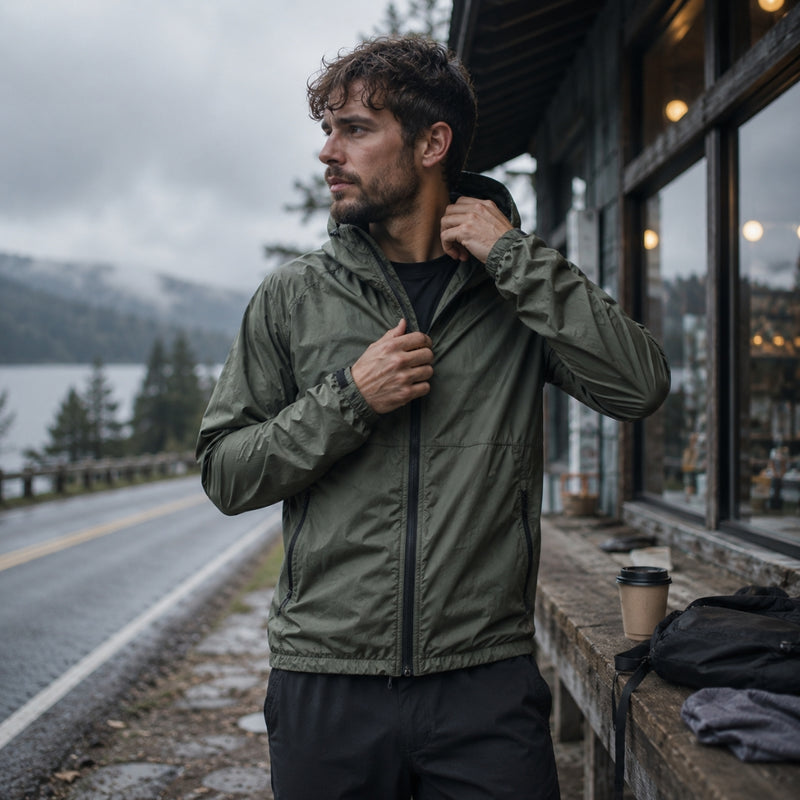 Man in a green jacket standing by a road with a lake and mountains in the background