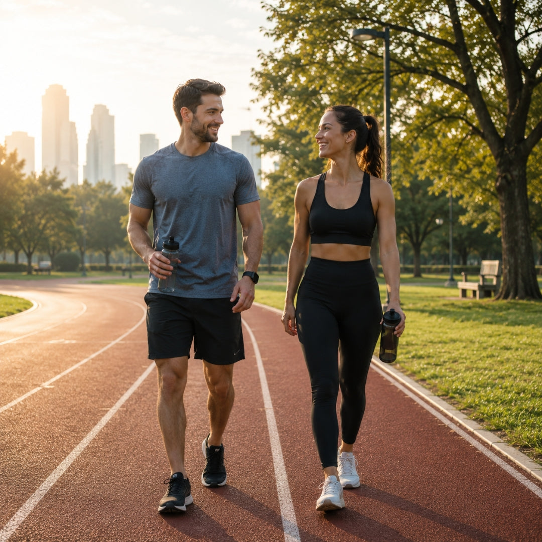 Man and woman walking on a running track with city skyline in the background