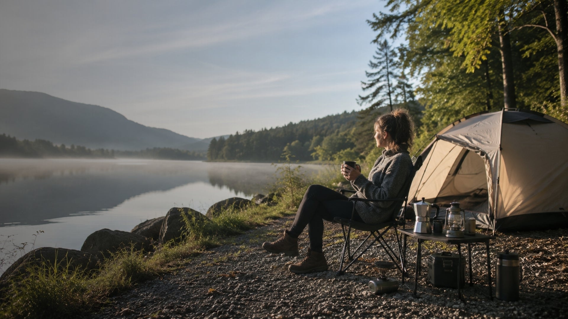 Person sitting by a tent by a lake with mountains in the background