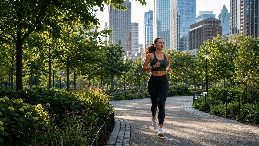 Woman running on a path with city skyline and greenery in the background
